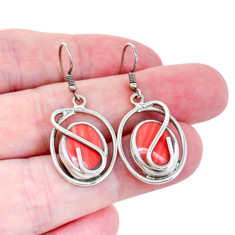 Vintage Mexico Taxco Sterling Silver 925 Spiny Red Oyster Dangle Earrings
